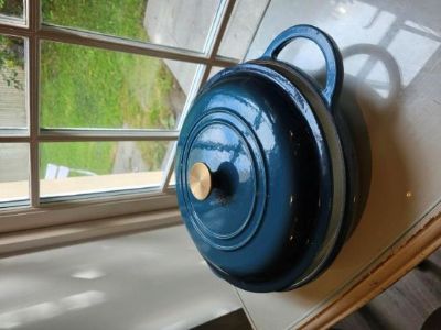 Blue Cast Iron Casserole Dish.